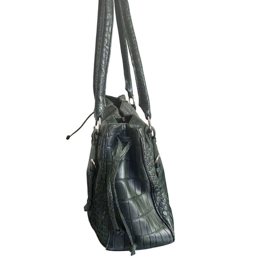 Suarez New York Women's Green Embossed Crocodile Exotic Leather Double Straps - Picture 3 of 13